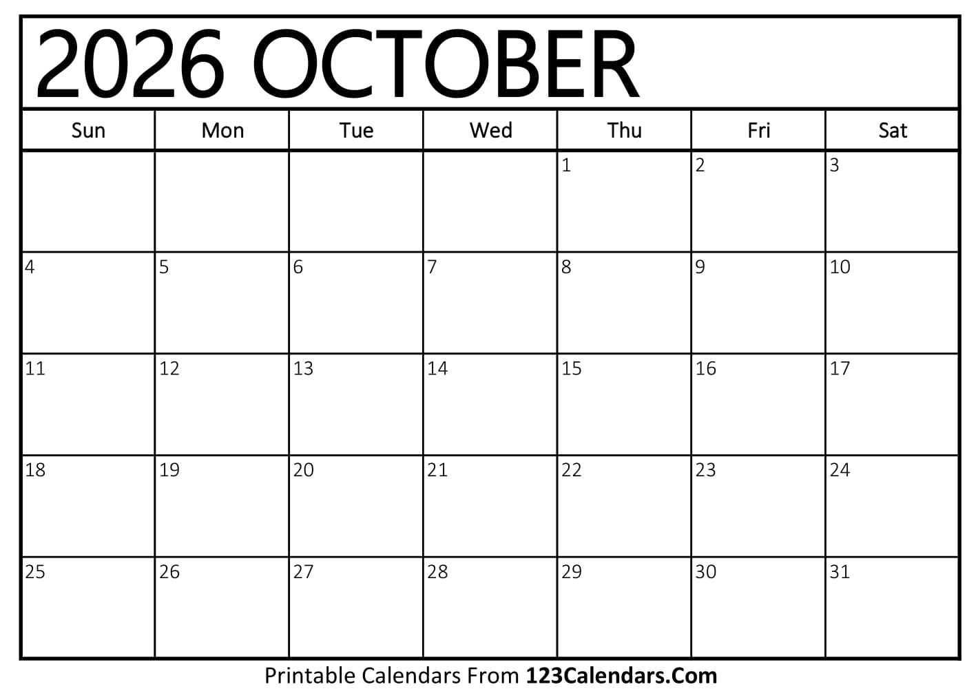 Printable October 2026 Calendar